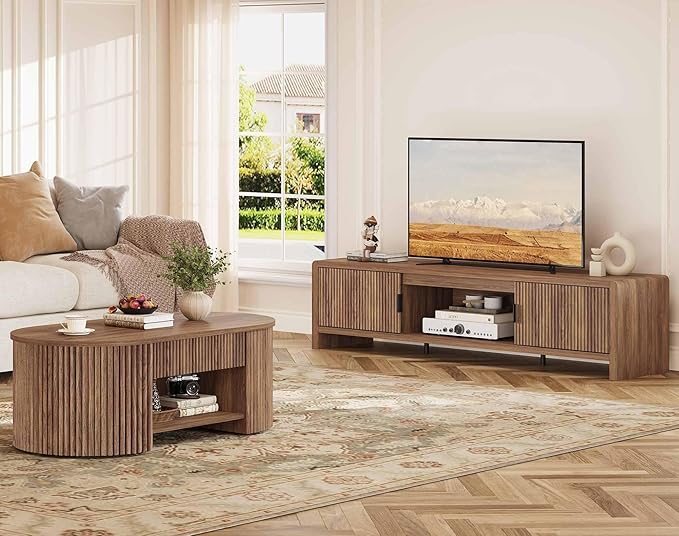 FATORRI TV Stand for 75/65/55 Inch TVs, Farmhouse Entertainment Center with Storage, Wood Waveform Fluted-Door Television Media Console for Living Room,Bedroom (63" W, Walnut)