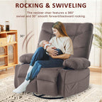 KCQ Overstuffed Swivel Rocker Recliner Chair with Massage and Heat, Fabric Heated Reclining Chairs Manual Recliner with Cup Holder, Nursery Rocking Recliner Glider Chair, Brown