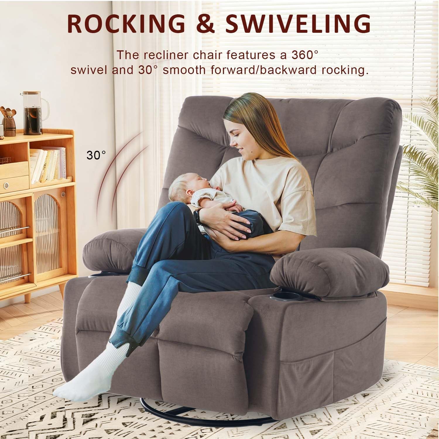 KCQ Overstuffed Swivel Rocker Recliner Chair with Massage and Heat, Fabric Heated Reclining Chairs Manual Recliner with Cup Holder, Nursery Rocking Recliner Glider Chair, Brown