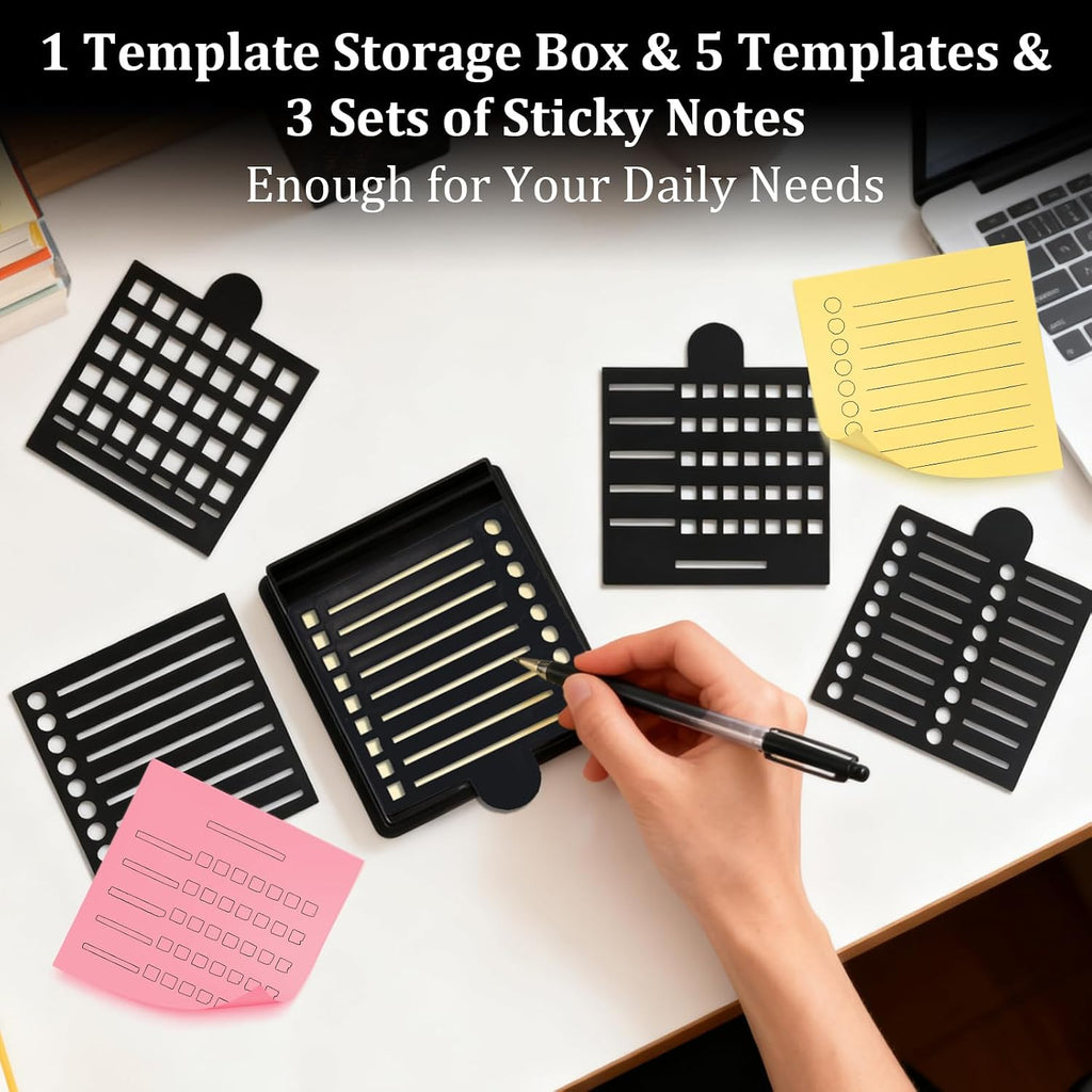Sticky Note Stencil and Holder with 5 Templates, Reusable 3"x3" Template Compatible with Post It Notes for Office and Home