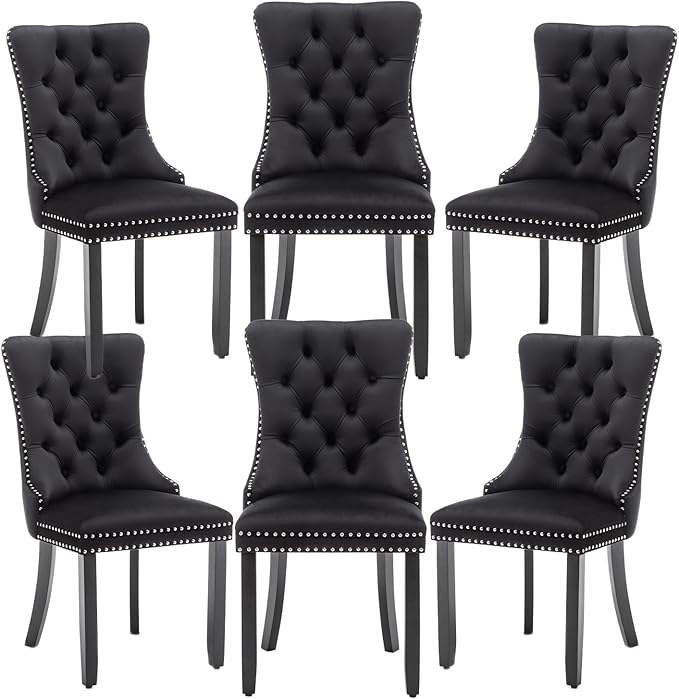 Velvet Dining Chairs Set of 6,Upholstered Dining Chairs with Ring Pull Trim and Button Back,Modern Seating for Kitchen, Bedroom & Living Room(Black)