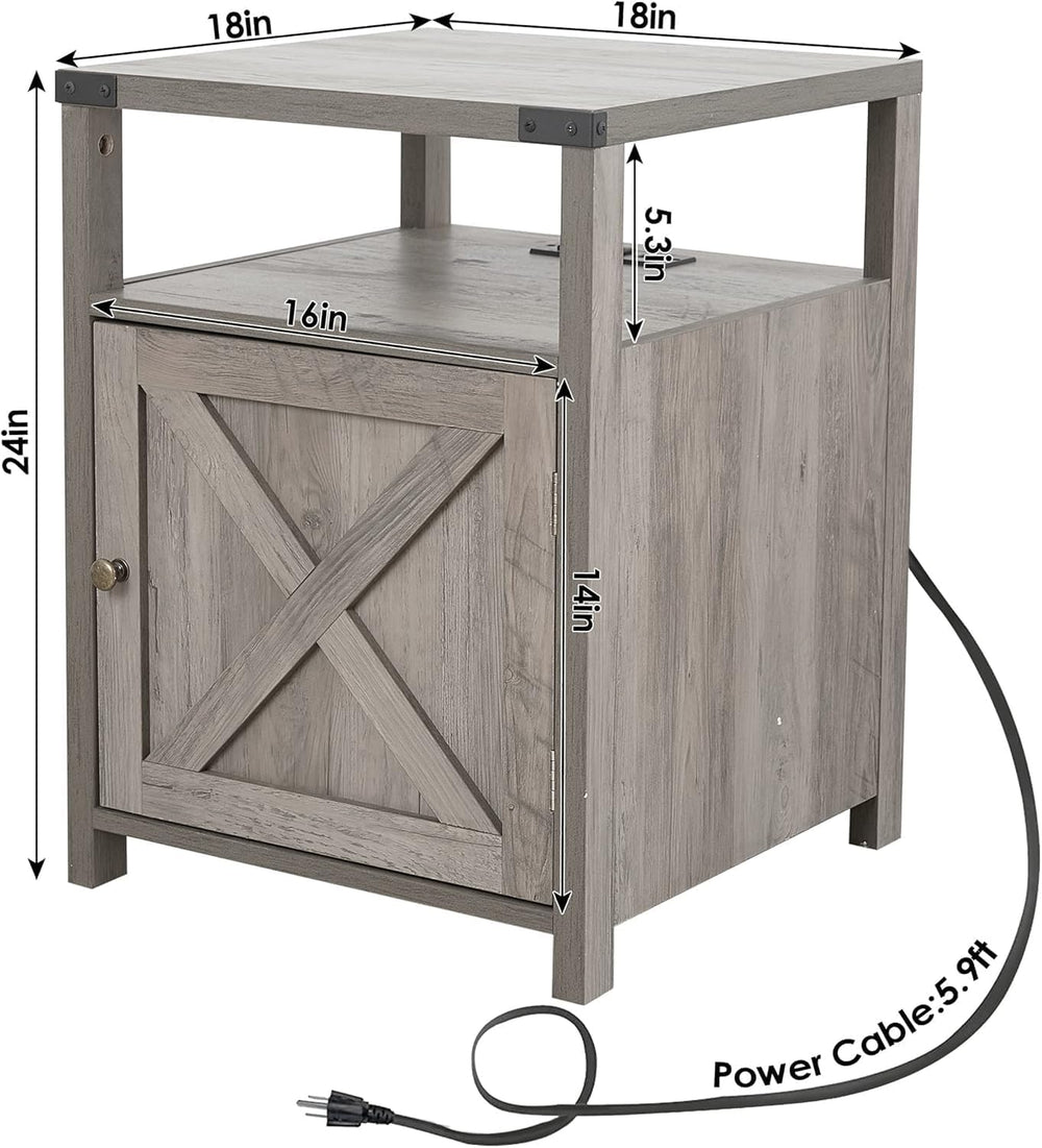 Farmhouse Nightstand with Charging Station, Rustic End Table Bedroom with Sto...