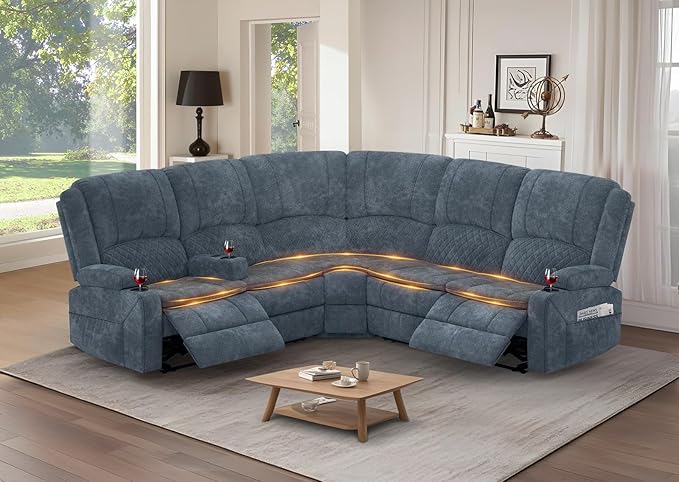 Manual Reclining Sectional Sofa Set, 5 Seats Soft Fabric Recliner Corner Sectional Couch, Family-Sized L-Shaped Recliner Couch with USB Charging, Thickened Padding, Sturdy Frame, Blue