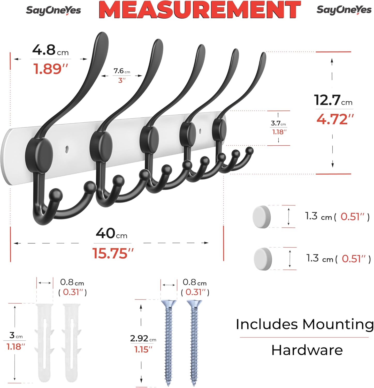 Coat Rack Wall Mount with 5 Tri Hooks, Stainless Steel 16 Inch – White & Black Matte Finish, Heavy Duty Wall Mounted Hook Rack for Coats, Hats, Towels, Scarfs, Robes, Bags, Entryway & Bathroom, 4 Pack