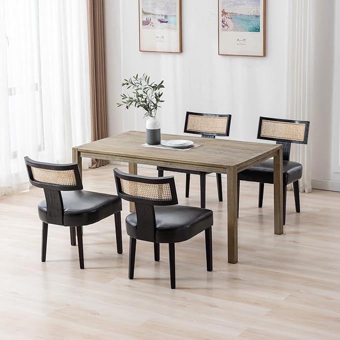 Rattan Dining Chairs Set of 4, Modern PU Leather Upholstered Kitchen Chairs, ...
