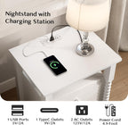 White Night Stand Set 2, Vintage Nightstand with Charging Station, Modern Bedside Table with 2 Drawers, End Table with Solid Wood Legs, Bed Side Tables for Bedroom, White