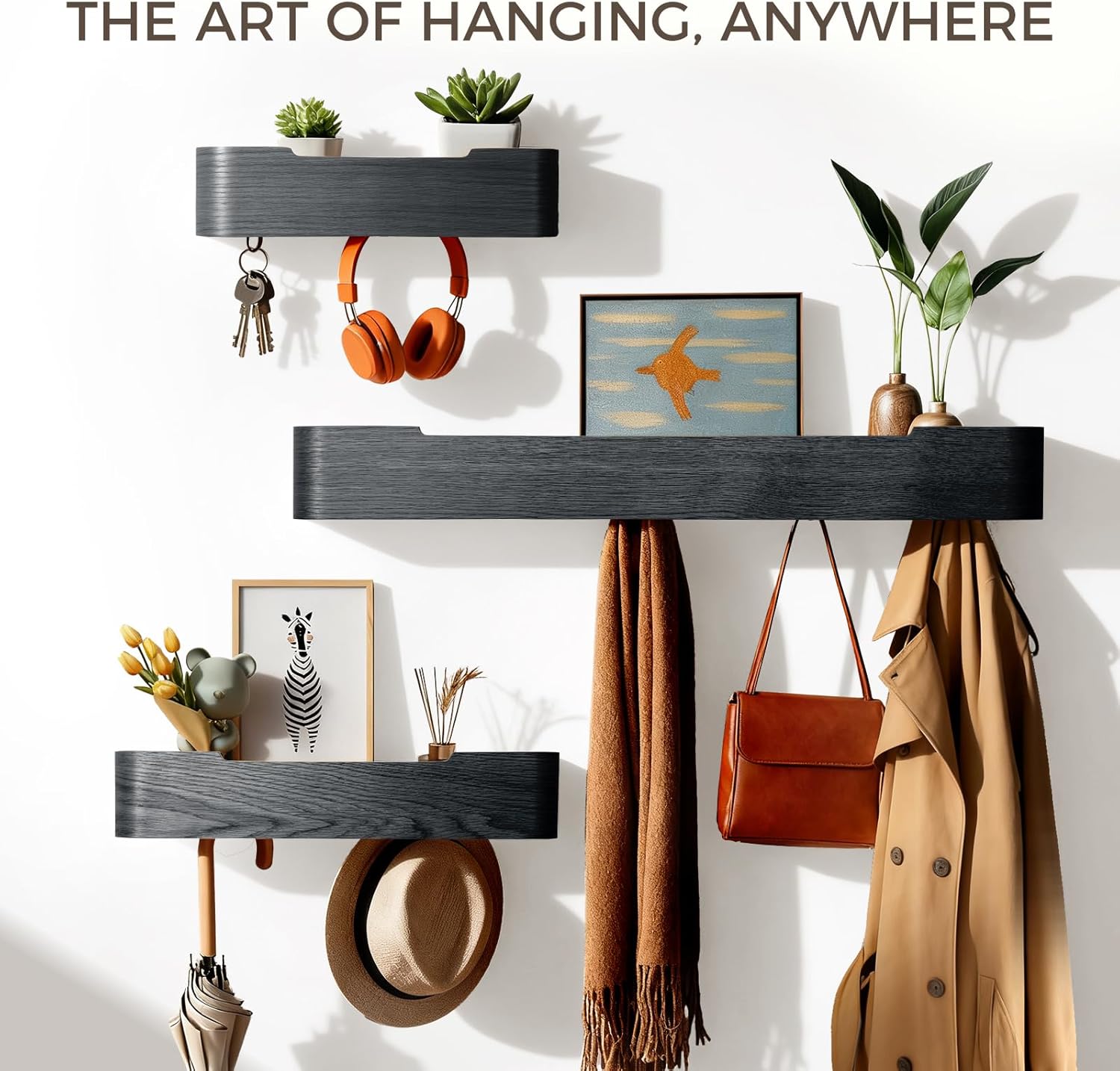 Wall Coat Rack Floating Shelves Modern Coat Rack Wall Mount with Storage Entryway Shelf Wooden Hanger 20 Inch 4 Hidden Metal Hooks for Living Room Bedroom (Black, 4 Hooks)