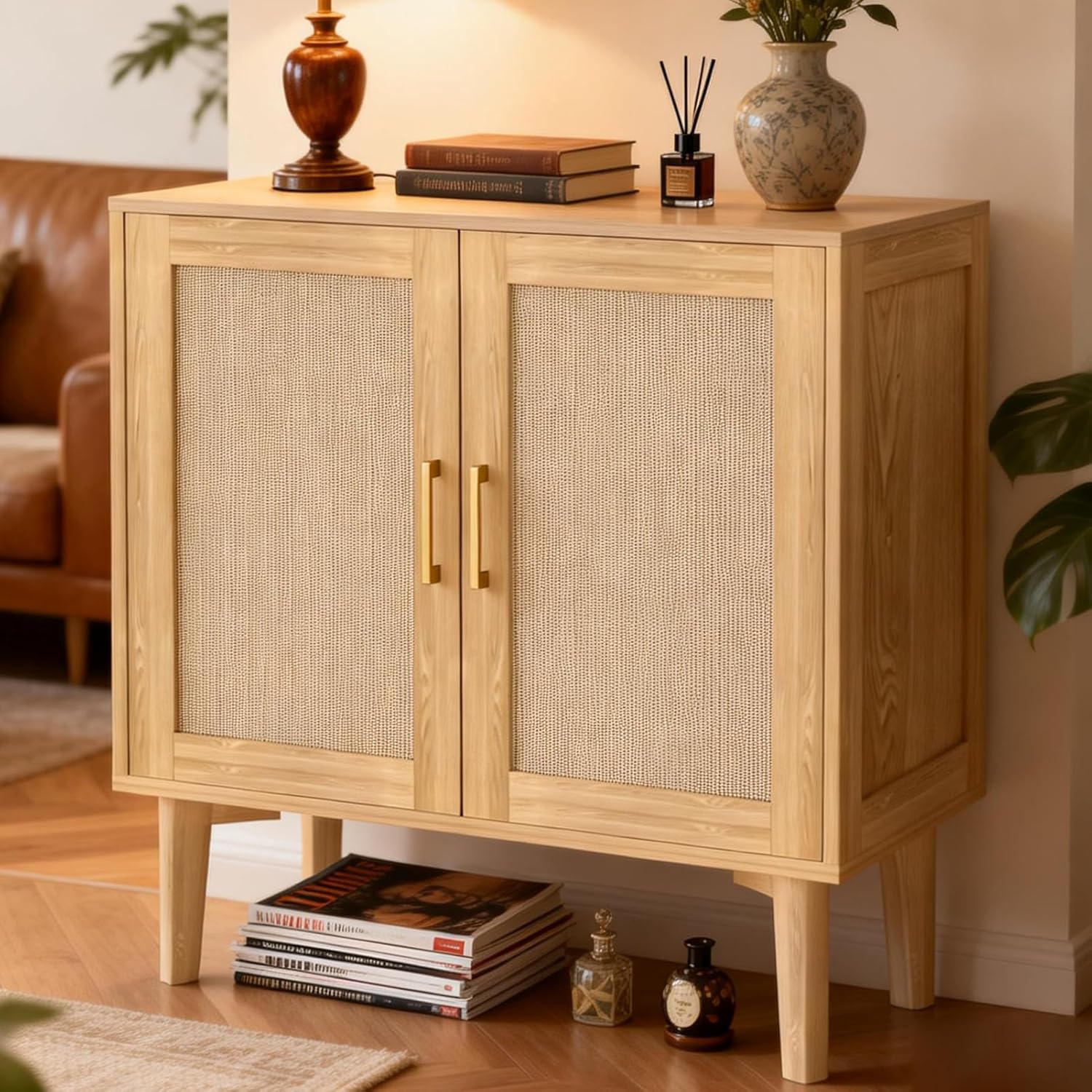 ITEFDTUTNE Rattan Cabinet, Buffet Storage Cabinet Sideboard with 2 Doors & Solid Wood Feet, for Hallway, Entryway, Living Room,or Kitchen