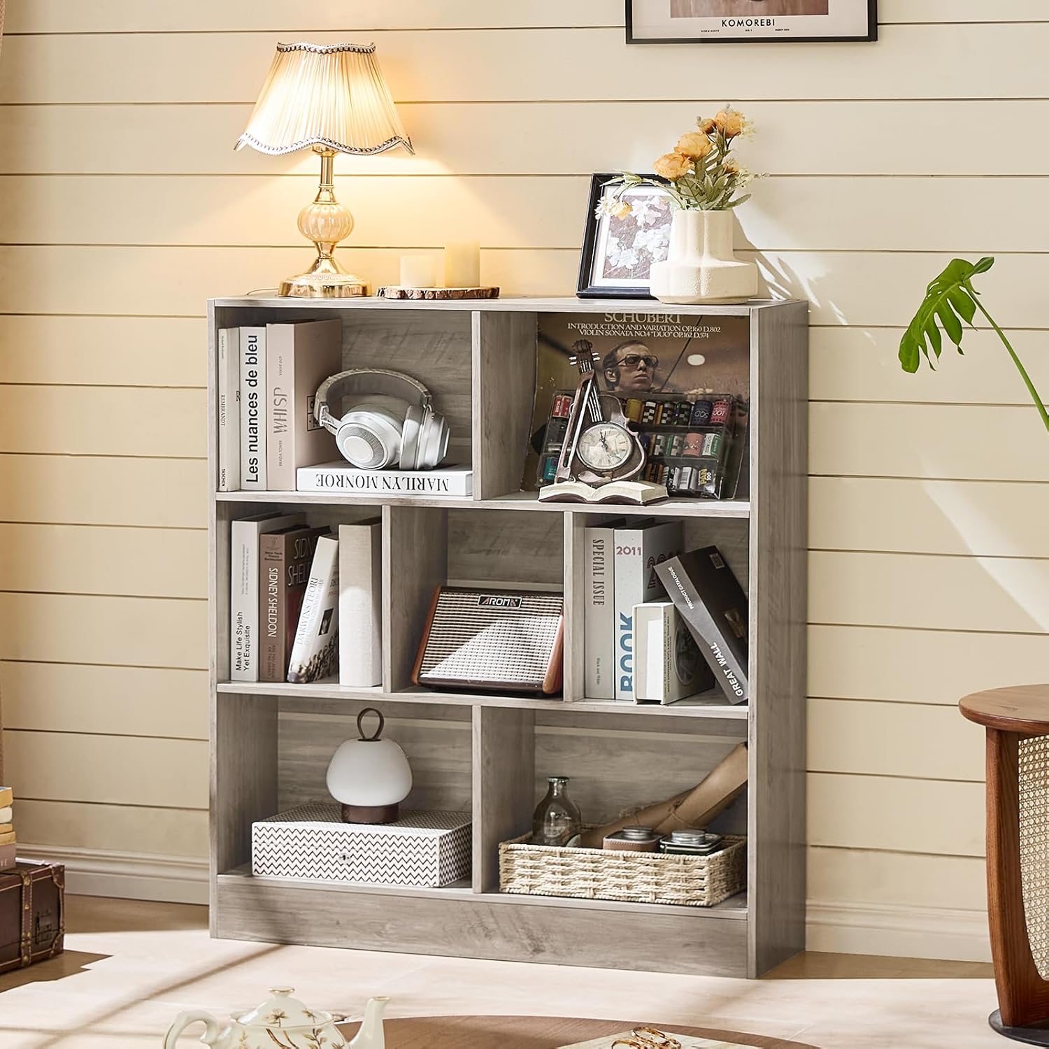 LEYAOYAO 7 Cube Bookshelf with Base,3 Tier Mid-Century Modern Grey Bookcase,Standing Wide Bookshelves Storage Organizer Shelf,Rustic Wood Display Cabinet Book Shelves for Bedroom,Living Room,Office
