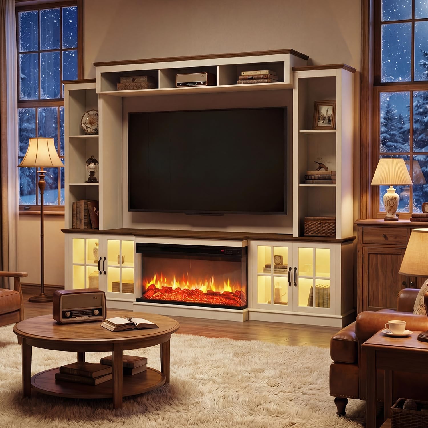 98" Farmhouse Fireplace TV Stand with 36" Electric Fireplace, Wall Media Console with Barn Doors,Bookshelf Wine Storage, Entertainment Center Fits TVs Up to 75" for Living Room, White