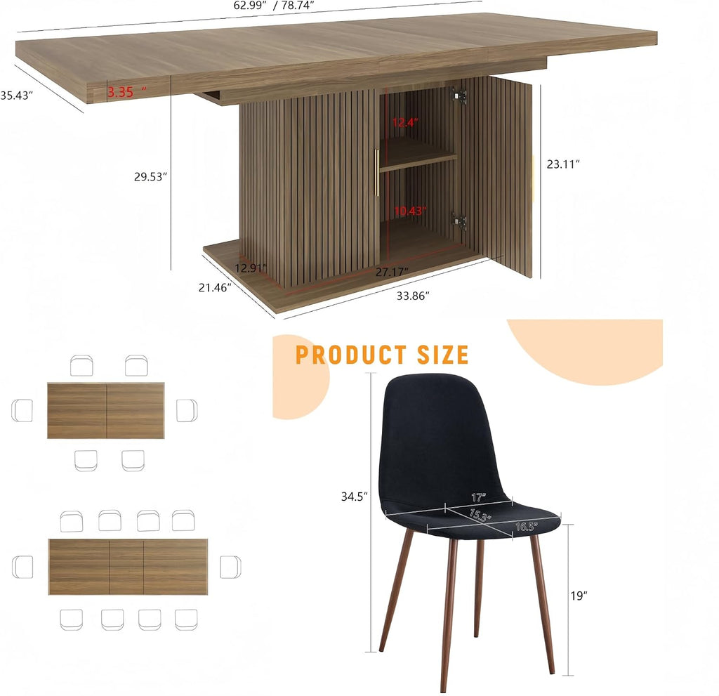 Extendable Dining Table Set for 8, 63-79 Inch Brown Kitchen Table Set with 8 Black Linen-Cotton Chairs with Walnut Metal Legs,Wood Storage (Table + Black Walnut Chairs, 1 Table + 8 Chairs)