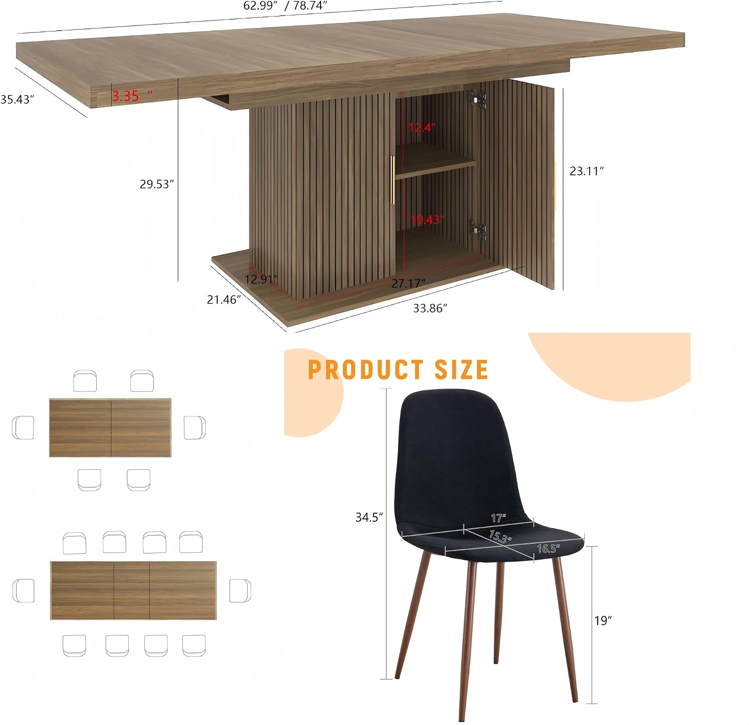 Extendable Dining Table Set for 8, 63-79 Inch Brown Kitchen Table Set with 8 Black Linen-Cotton Chairs with Walnut Metal Legs,Wood Storage (Table + Black Walnut Chairs, 1 Table + 8 Chairs)