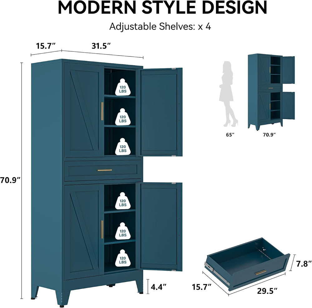 COFaR 71" Metal Pantry Cabinet with Drawer, Peacock Blue Storage Cabinet...