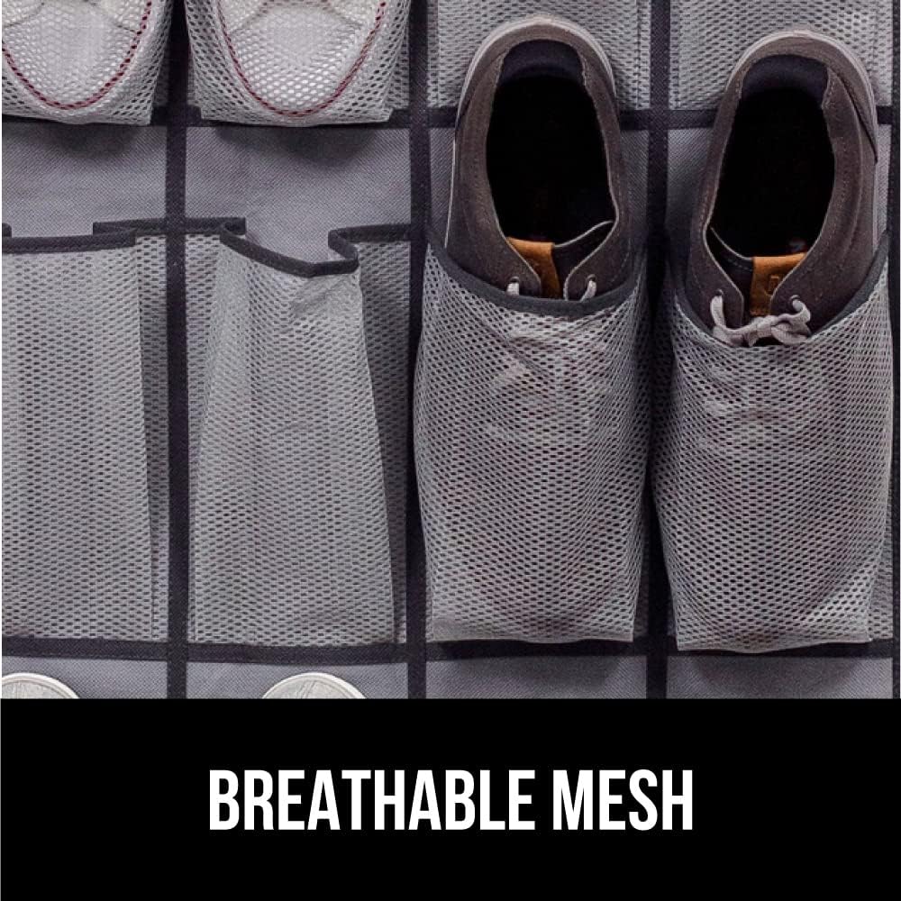 GORILLA GRIP Over the Door Shoe Organizer, 24 Large Breathable Mesh Pockets, Space Saving Hanging Storage Holder, Closet Rack Hanger Holds Up to 40 lbs, Hangs on Closets for Shoes, Accessories, Gray