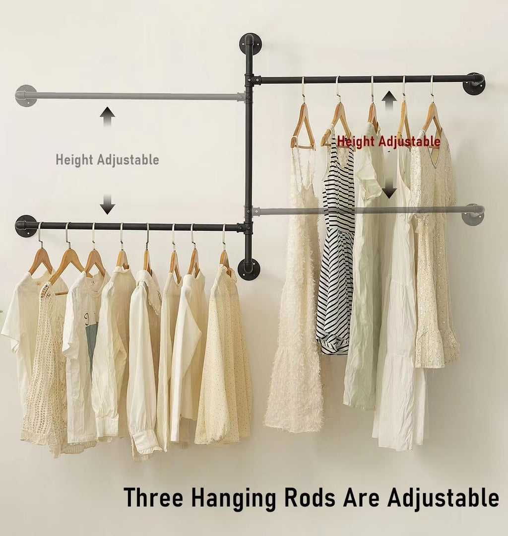 Industrial Pipe Clothing Rack Wall Garment Rack with Pipe Clothes Rails, Multi-Purpose Heavy Duty Clothing Hanging Rods Space-Saving Clothes Bar Organizer Closet (wall clothing rack-2 hanging rods)