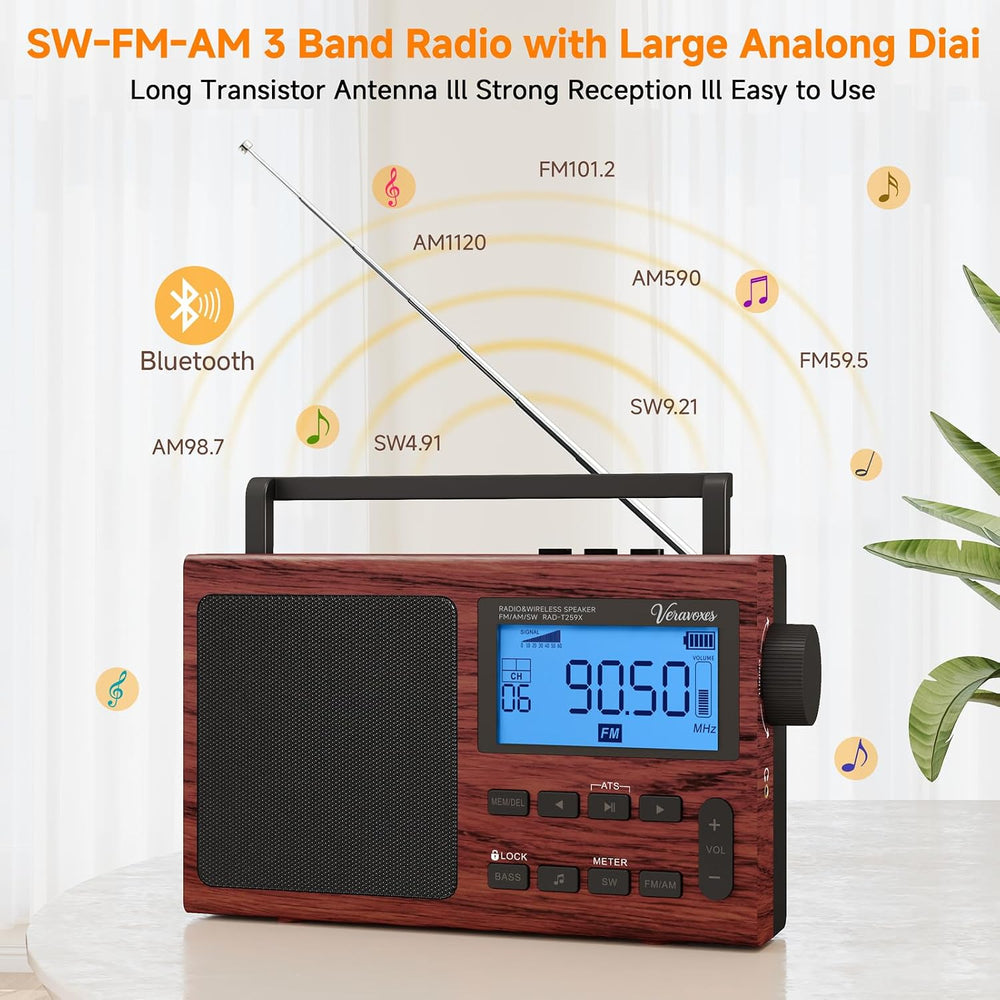 Portable Bluetooth AM FM Shortwave Radio AC & Battery Powered