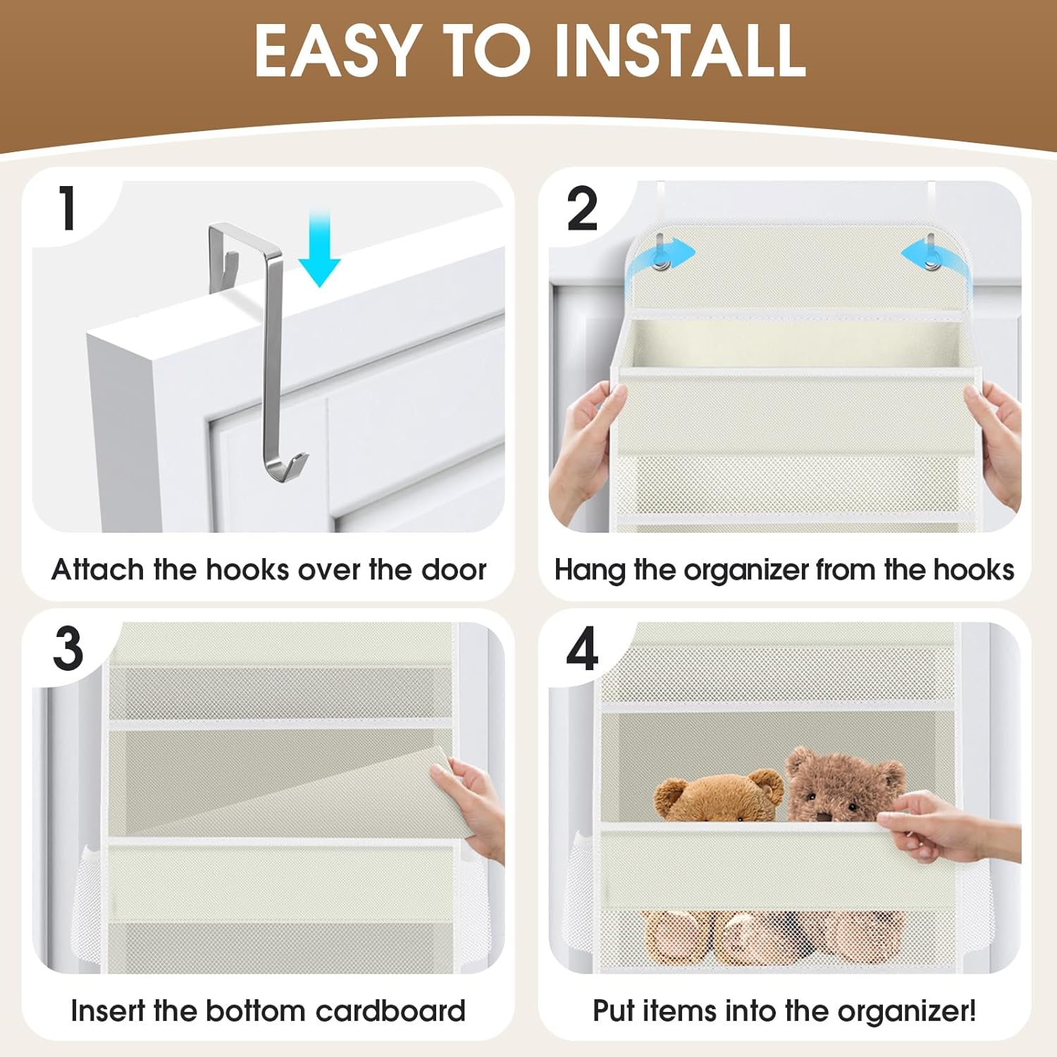 2 Pack Over The Door Organizer, Hanging Storage Organizer with Clear Window, 40lb Ultra Sturdy Large Capacity Room Organizer for Pantry Laundry Bathroom Nursery Closet (Beige)