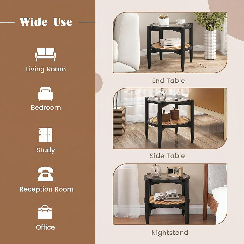 Giantex Rattan Round End Table, Boho Nightstand with Tempered Glass Top &...
