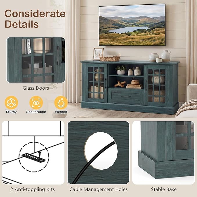 Tangkula Farmhouse TV Stand for TV up to 65 70 Inches, Tall Media Console Table with 2 Glass Storage Cabinets, 1 Drawer & 2 Open Shelves, Wooden Entertainment Center for Living Room (Vintage Green)