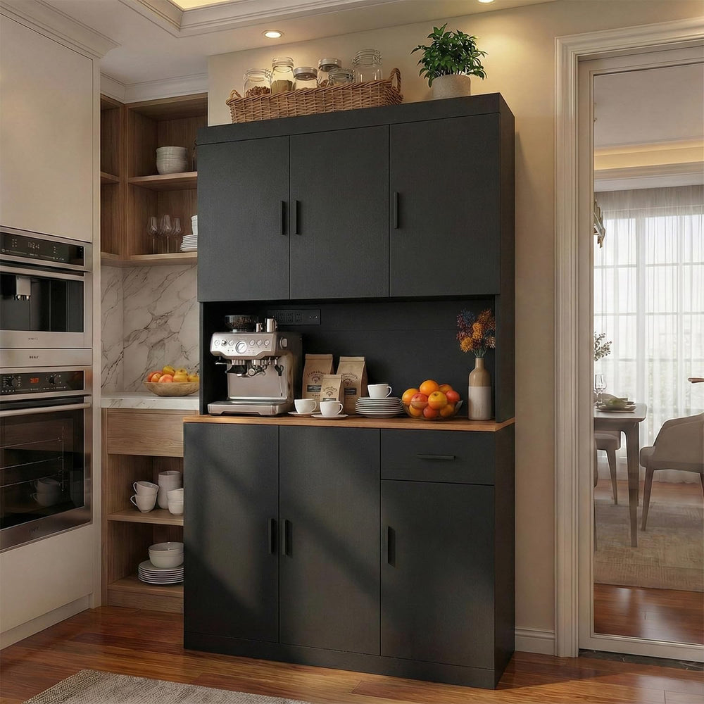 DIYART 71 Inch Black Pantry Cabinet with Power Outlet, Heavy-Duty Freestandin...