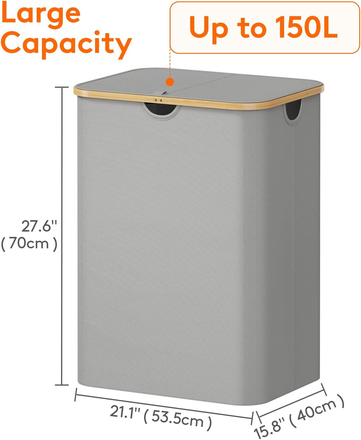 Lifewit 150L Laundry Basket with Lid, Clothes Hampers for Laundry with Bamboo Handles and 2 Removable Laundry Bags, Large Foldable Laundry Hamper for Bedroom, Bathroom, Dorm, Laundry Room, Sliver Gray