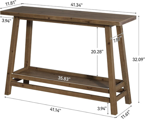 41.3" Farmhouse Console Table, Solid Wood Entryway Table with Storage Shelf, 2 Tiers of Narrow Behind Couch Sofa Furniture for Living Room, Hallway, Foyer, Easy Assembly, Brown