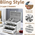 Mirrored Jewelry Box, 3-Layer Glass Jewelry Organizer with Lid & 2 Drawers, Silver Crushed Diamond Home Decor, Fancy Gift for Her (9.3" L x 6.3" W x 7.1" H)