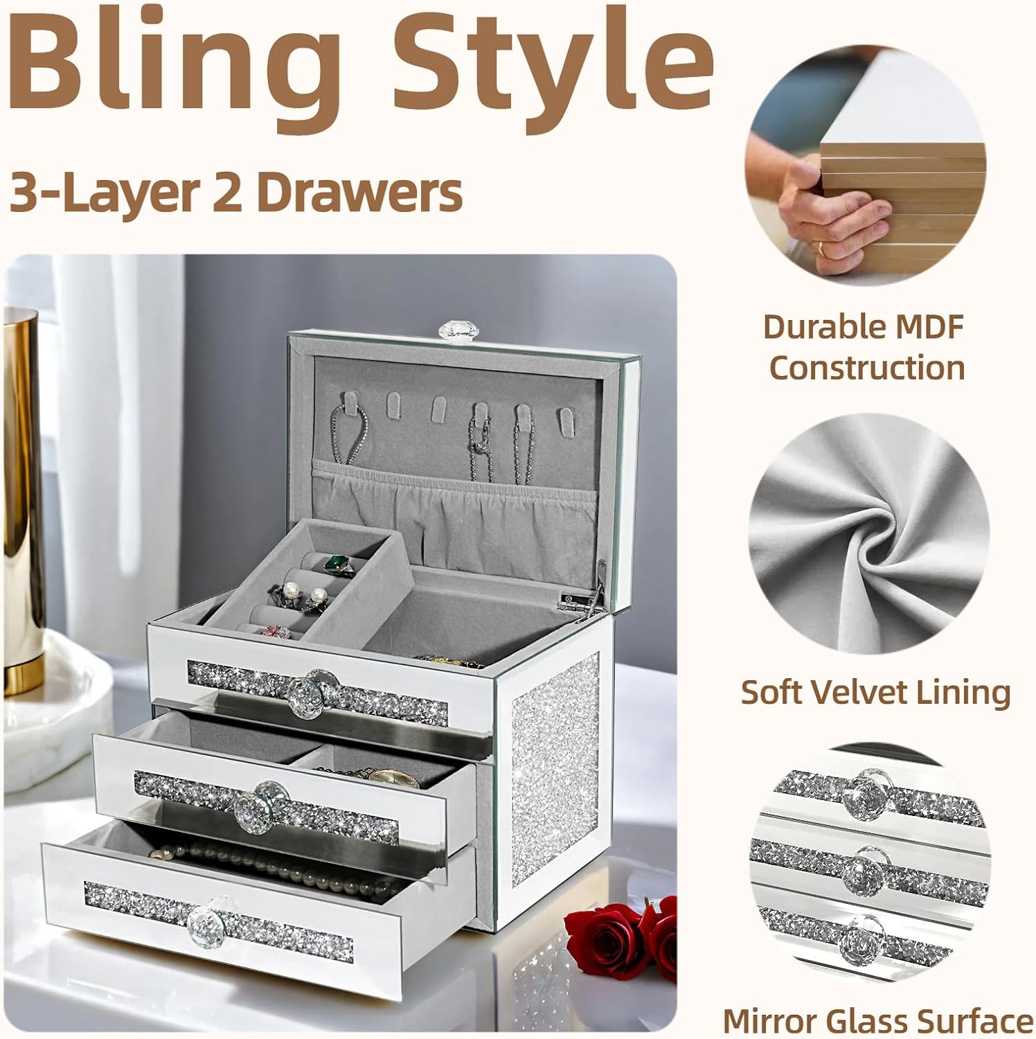 Mirrored Jewelry Box, 3-Layer Glass Jewelry Organizer with Lid & 2 Drawers, Silver Crushed Diamond Home Decor, Fancy Gift for Her (9.3" L x 6.3" W x 7.1" H)