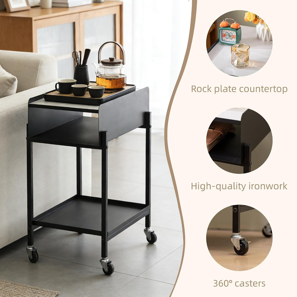 Bedside Table with Wheels Rolling Nightstand 3-Tier Sofa Side Table Modern En...