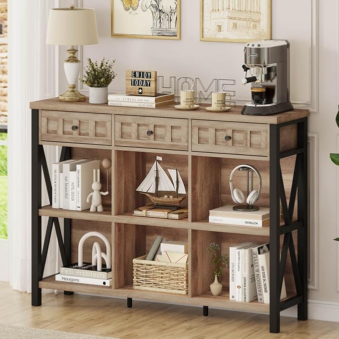 FATORRI Rustic 6 Cube Storage Organizer Shelf with 3 Drawers, Long Horizontal...