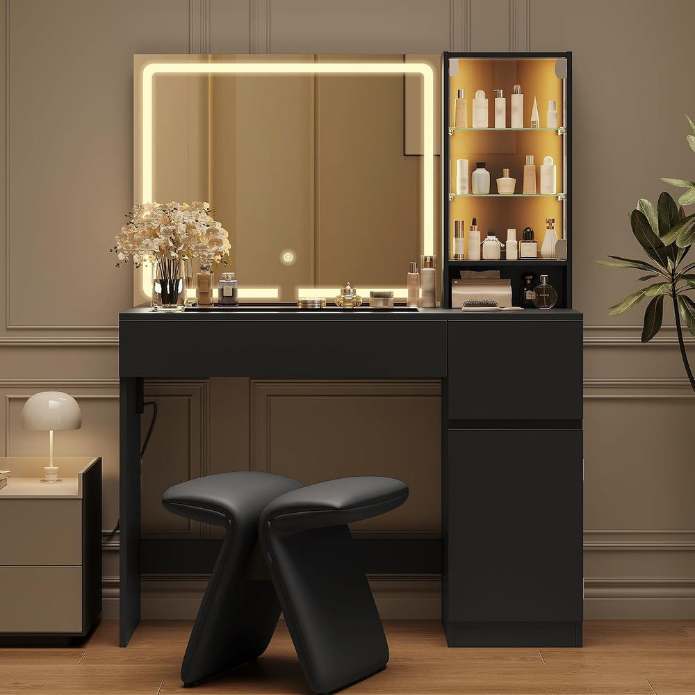 wanan Vanity with Glass Top, Black Vanity Desk with Mirror and Lights, Jewelr...