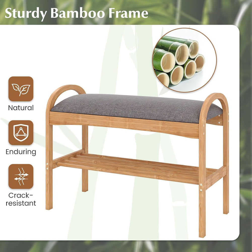 Giantex Shoe Rack Bench, Bamboo 2-Tier Entryway Bench with Padded Cushion, Sh...