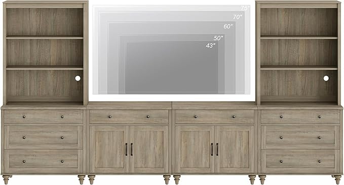 WAMPAT Entertainment Center with Bookshelves for TVs up to 75", Farmhouse Wall Unit TV Stand with Doors & Drawer, Media Console Table for Living Room, Bedroom & Home Theater, Wash Grey