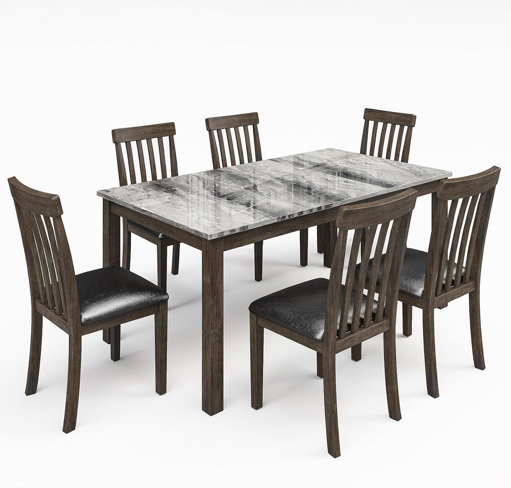 LUXOAK 7-Piece Wood Dining Table Set with Faux Marble Tabletop, Dark Brown | ...