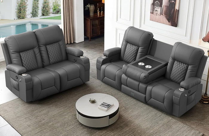 FURNIMAT Oversized Recliner Sofa Set with 2+3 Pieces in Living Room, PU Leather Loveseat Recliner Couch, 3 Seats Reclining Sofa with Flip Back Console, Storage, USB Ports, Cell Phone Holder, Gray
