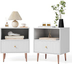 White Night Stand Set 2,Modern Bedside Table with Door and Open Storage,Fluted Nightstand and Wood End Side Table with Rose Gold Metal Legs and Handles for Bedroom,Living Room,White
