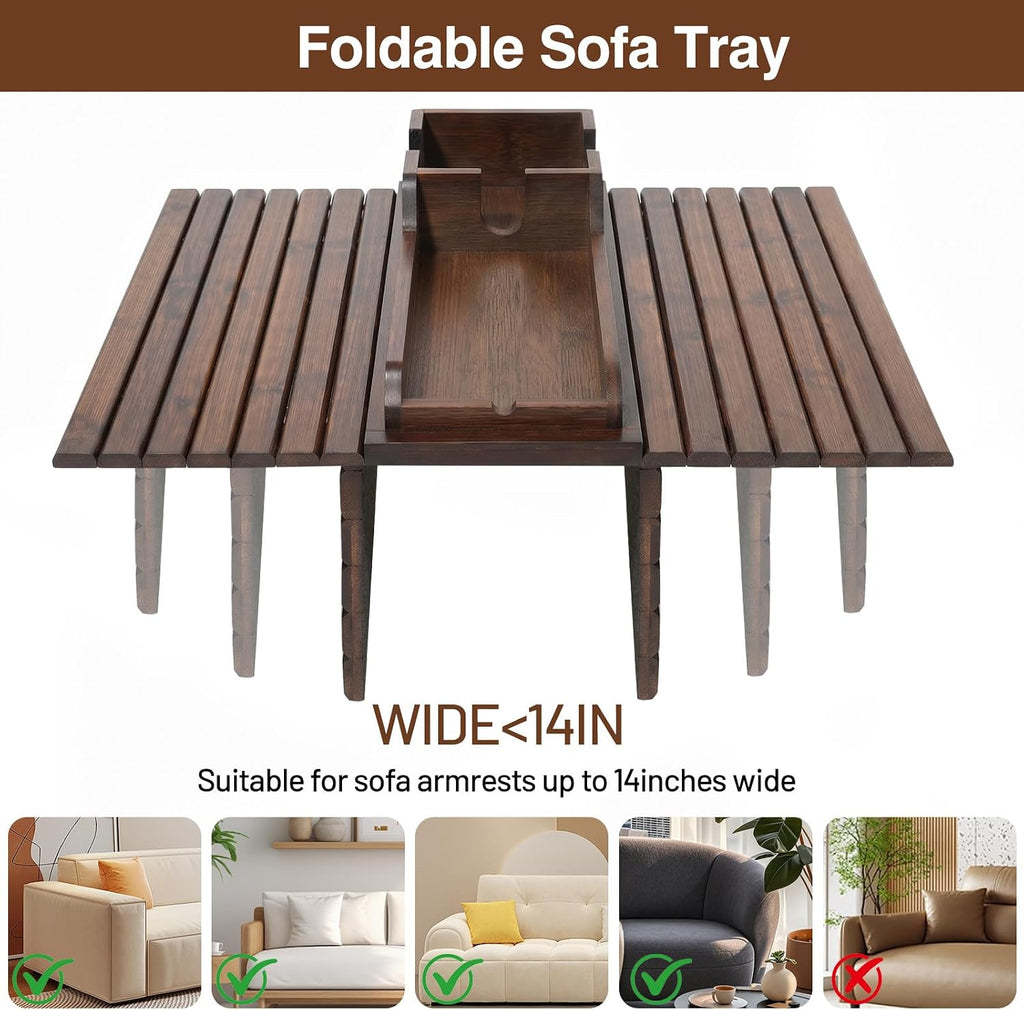 Couch Arm Tray, 2-in-1 Split Design Sofa Armrest Tray for Couch | Anti-Slip Couch Armrest Table, Foldable Couch Tray for Arm, for Dessert, Phone, Control, Cups, Brown