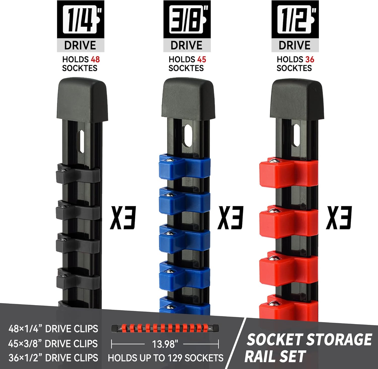 Socket Organizer Drive ABS Tools-Socket Holder, Premium Quality 9 Pieces Holders Kit 1/4-Inch x 48 Clips, 3/8-Inch x 45 Clips, 1/2-Inch x 36 Clips