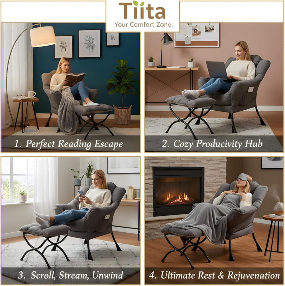 Tiita Lazy Chair with Ottoman, Comfy Reading Accent Chair, Dark Grey | Foldab...