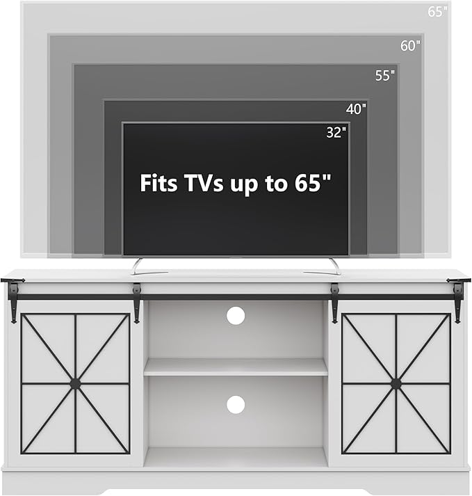 Farmhouse TV Stand for 65/60/55 Inch Tvs, Modern Entertainment Center with Storage Cabinets & Sliding Barn Doors, Rustic Media Console Table, Wood Television Furniture for Living Room, Bedroom, White