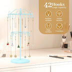 MODOWEY Rotating Necklace Holder Organizer Display Stand with 42 Hooks, 2 Tier Adjustable Metal Tree for Long Necklace Hanger Selling, Tall Spinning Bracelet Storage Rack for Men Women, Blue