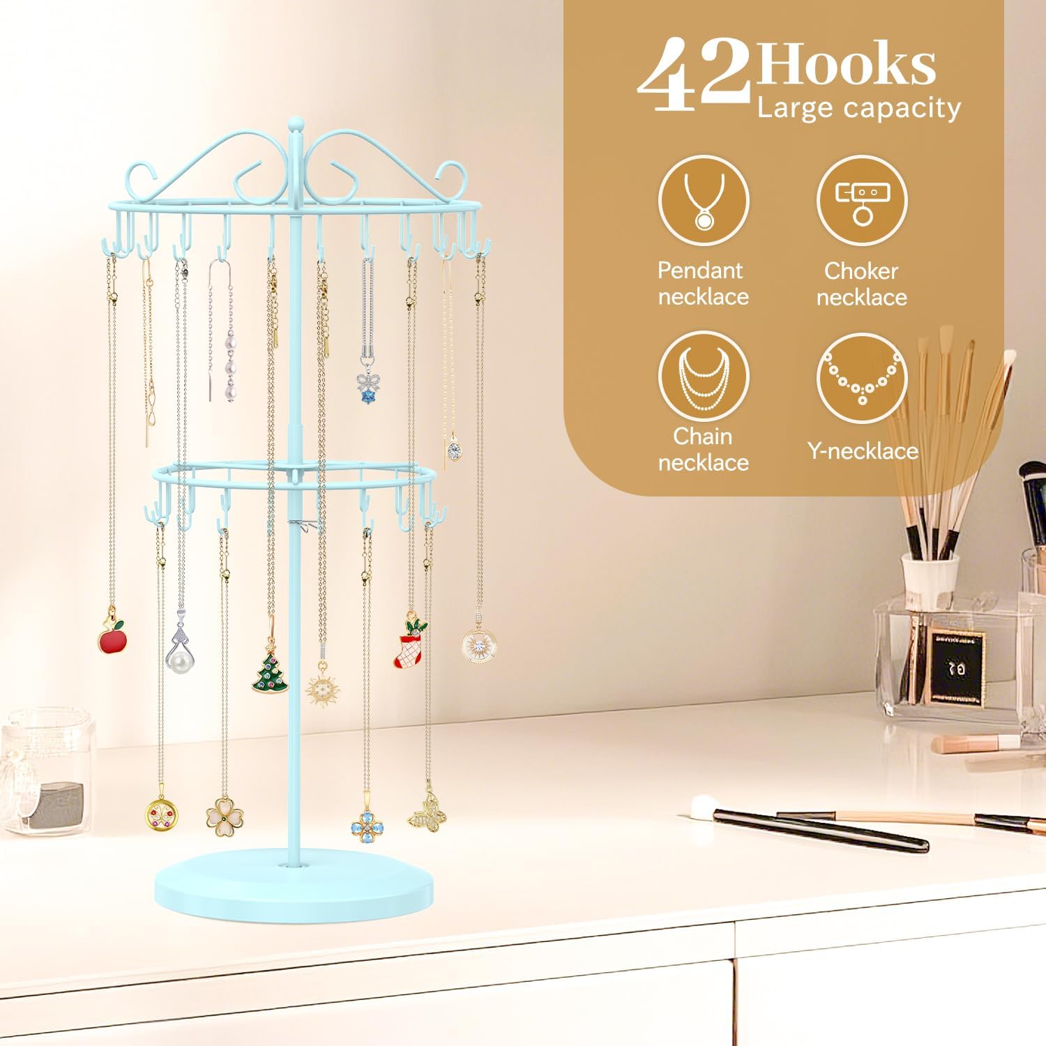 MODOWEY Rotating Necklace Holder Organizer Display Stand with 42 Hooks, 2 Tier Adjustable Metal Tree for Long Necklace Hanger Selling, Tall Spinning Bracelet Storage Rack for Men Women, Blue
