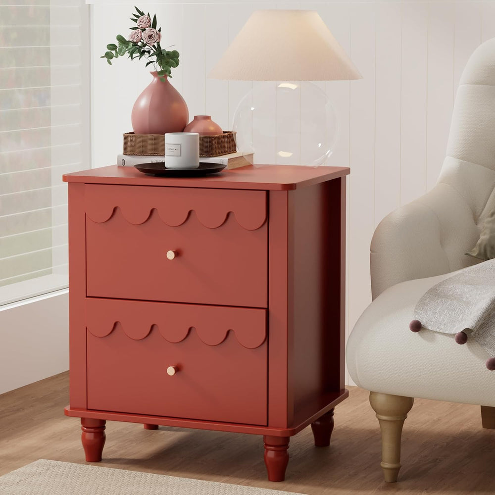 Anbuy Red Nightstand with Petal Pattern, Modern Night Stand with 2 Drawers fo...
