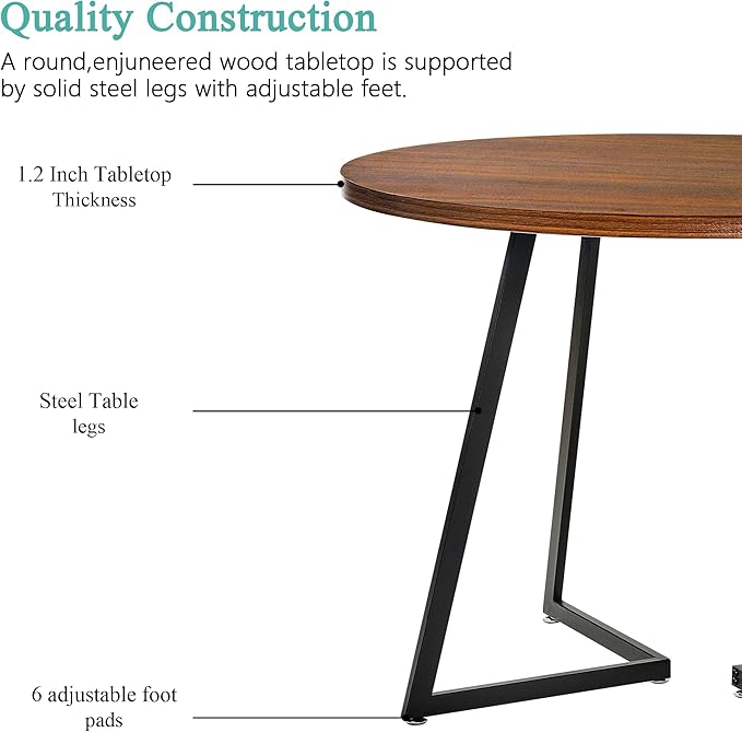 VECELO Round Dining Table Set for 4, Wood Tabletop & Heavy-Duty Steel Frame, 5-Piece Dinette with Chairs for Kitchen, Breakfast Nook, Walnut & Black