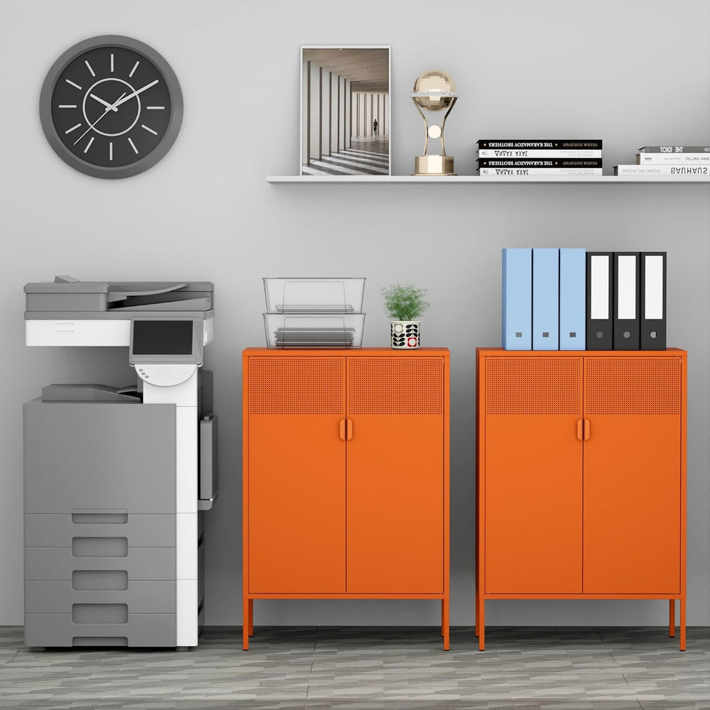 Orange 3 Tier Metal Storage Cabinet with Legs, 2 Door Metal Locker Style Acce...