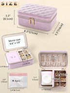 Velvet Travel Jewelry Box with Large Mirror, Double-Layer Jewelry Organizer Case for Women and Girls, Portable Storage Case with 6 Anti-Tarnish Bags Gift Ready for Her (Lavender)