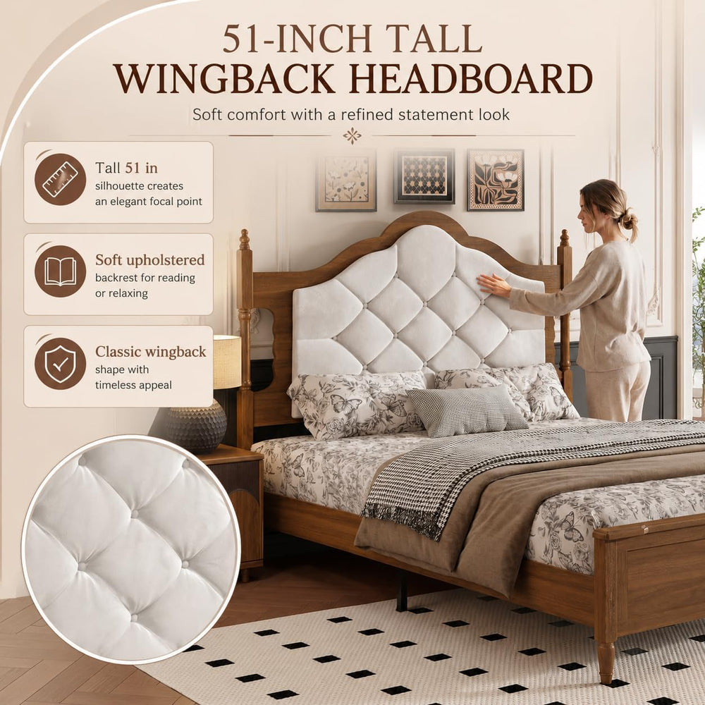Queen Size Bed Frame with 51" Tall Wingback Headboard, Fabric Upholstere...