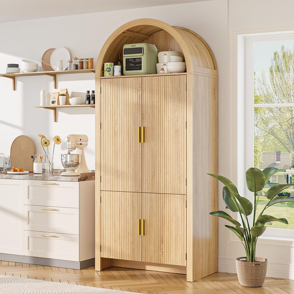 PRETZI 71" Tall Arched Pantry Cabinet, Arched Fluted Kitchen Storage Cab...