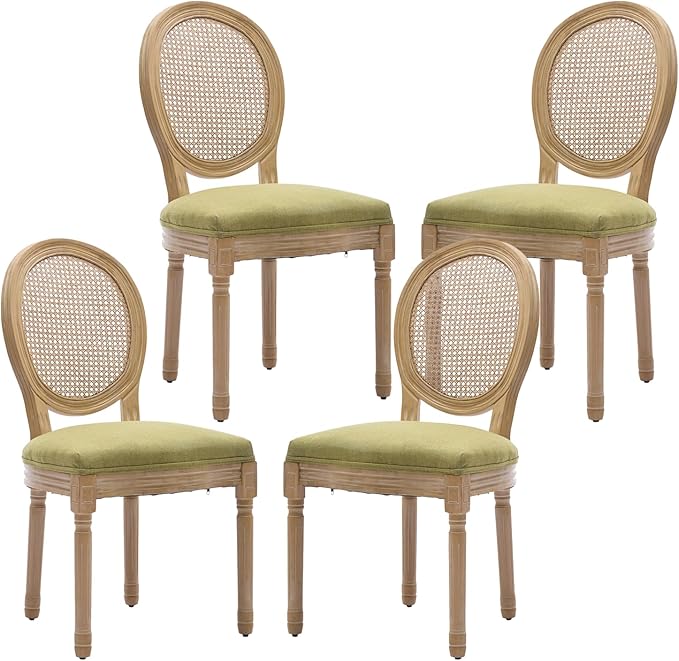 French Country Dining Chairs Set of 4,Farmhouse Upholstered Dining Room Chairs with Round Back and Solid Leg,Rattan Kitchen Chairs for Kitchen/Bedroom/Dining Room,Green