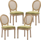 French Country Dining Chairs Set of 4,Farmhouse Upholstered Dining Room Chairs with Round Back and Solid Leg,Rattan Kitchen Chairs for Kitchen/Bedroom/Dining Room,Green